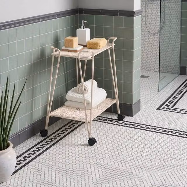 Wyld and Coco White 2-Tier Mobile Bathroom Trolley with Matt Metal Mesh Shelves – 1