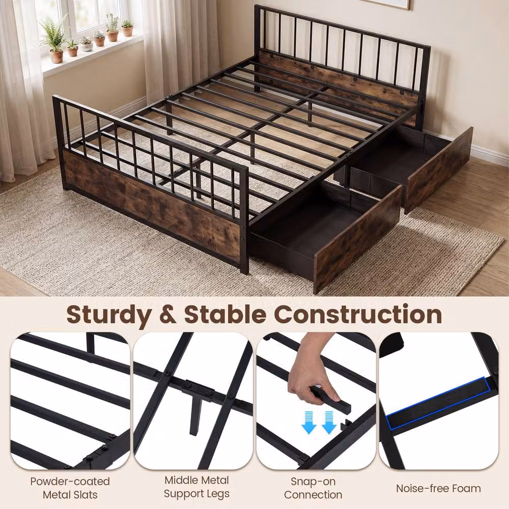 Gymax Industrial Metal Platform Bed Frame with 2 Drawers, Black, 140 x 200 cm – 6