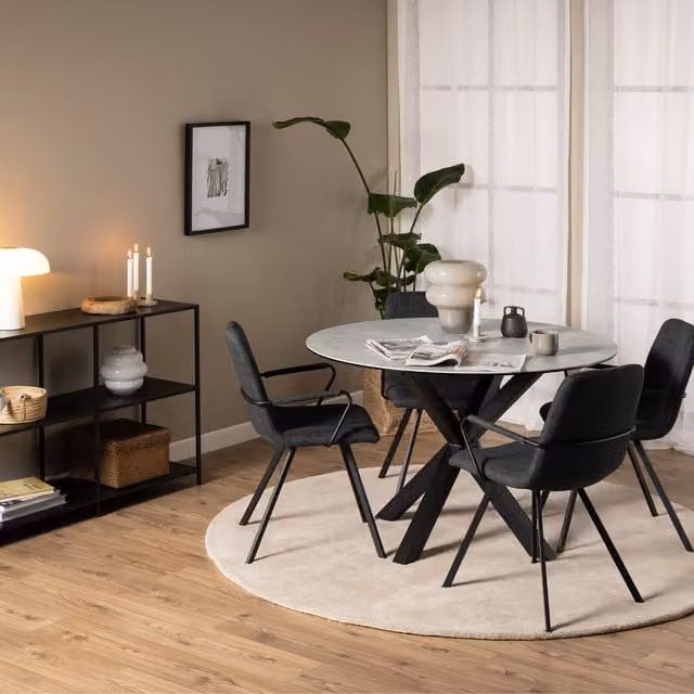 Furniture To Go Heaven Modern Round Ceramic Dining Table in Brown, Black and Grey with Matt Stone Finish and X-Frame Metal Base