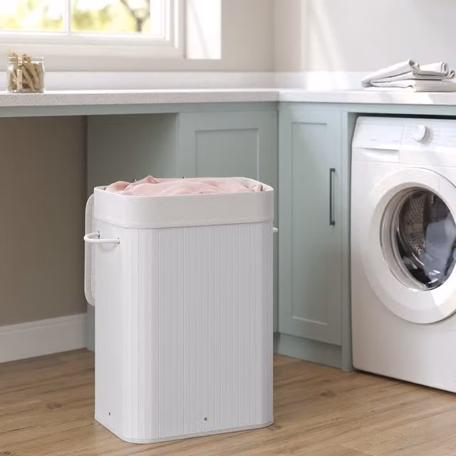 SONGMICS 72 Litre Bamboo Laundry Basket with Lid and Removable Bag, White, W/D/H: 40 x 40 x 60 cm