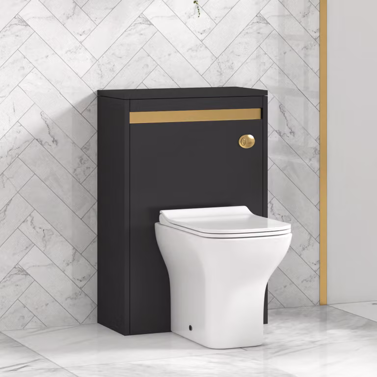 Royal Bathrooms Orion Matt Obsidian Black BTW WC Unit with Qubix Rimless Toilet Pan, Slim Soft Close Seat and Cistern with Brushed Brass Accent Trim, Width: 54 cm