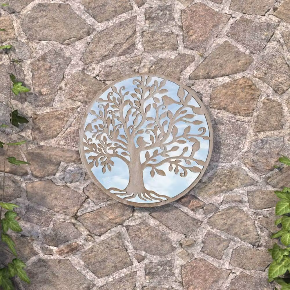 Berkfield Round Metal Garden Wall Mirror in Sand Beige, Diameter: 40 cm, Depth: 2.5 cm – 2