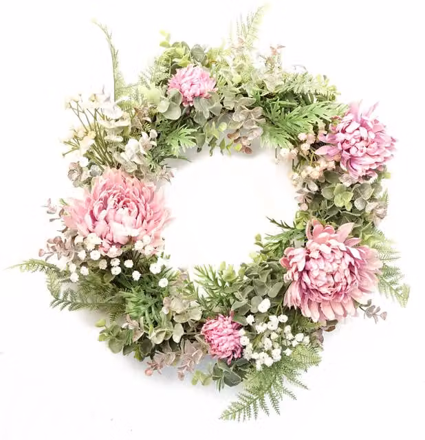 Round Artificial Pink Floral Wreath with Leaves