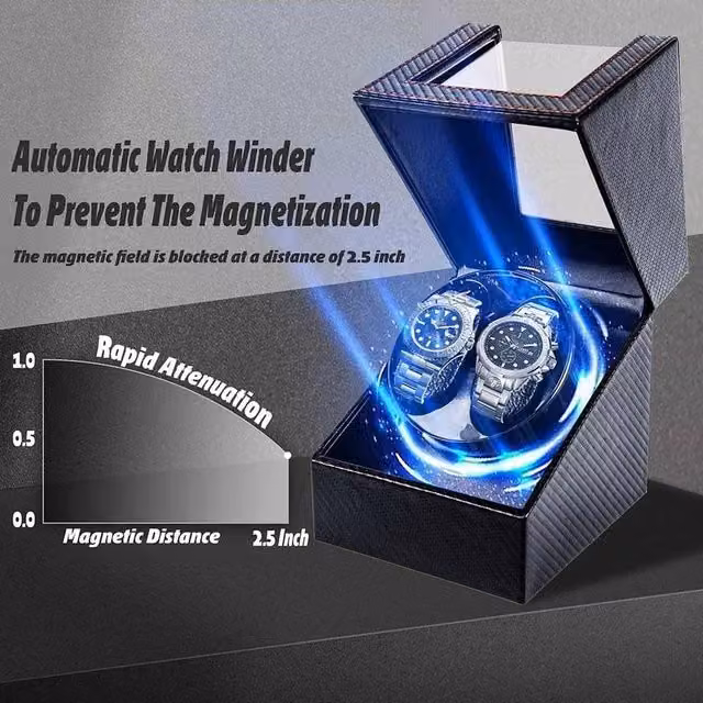 FLAVORA Carbon Fiber LED Watch Winder Box with 5 Rotation Modes in Black