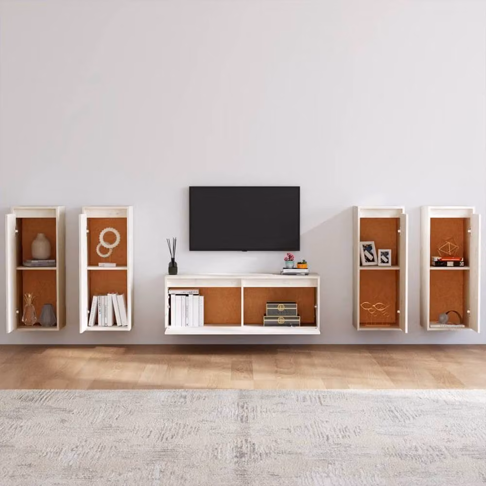 Berkfield Home Classic White Solid Wood Pine TV Cabinet with Hinged Doors and Internal Shelves – 2