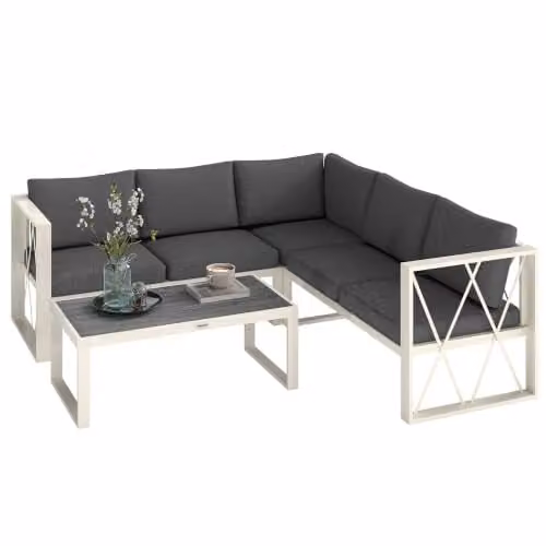 Outsunny 5 Seater L Shaped Garden Furniture Set in Grey with Upholstered Cushions and Coffee Table