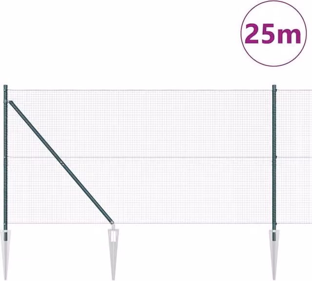 Berkfield Home Green Powder-Coated Steel Welded Wire Fence with 13 In-Ground Spike Posts, W: 25 m, H: 1.2 m – 1