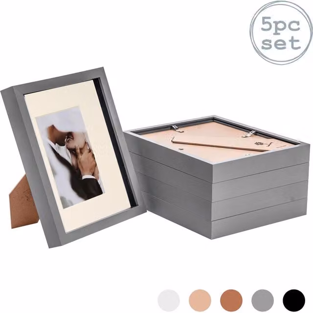 Nicola Spring Pack of 5 Rectangular 3D Box Photo Frames in Grey and Yellow, W/D/H: 25.4 x 25.4 x 25.4 cm with 4x6 inch Mount