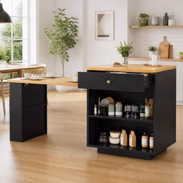 STILVORA Kitchen Island with Extendable Table and Storage in Black – 1