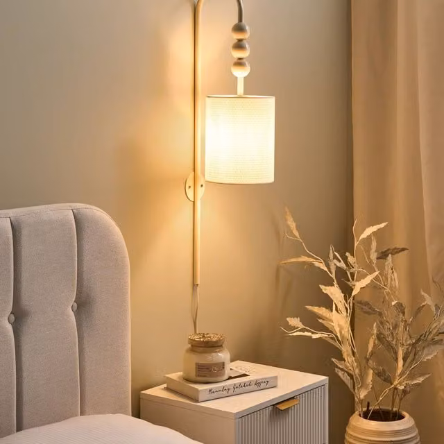 Wyld and Coco Mid-Century Style Wall Lamp with Beige Fabric Drum Shade and Gold Brass Metal Frame – 1