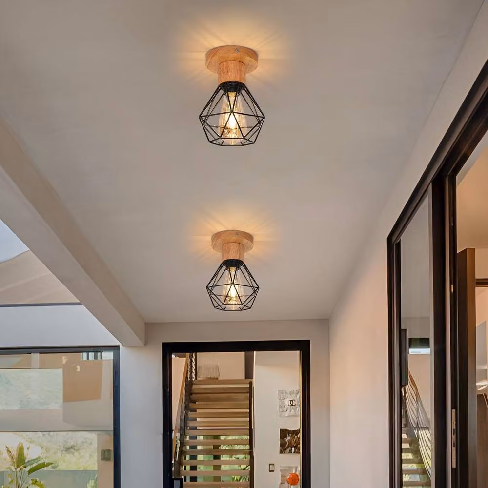 Goeco Industrial E27 Ceiling Light, Black and Wood Vintage Pendant Chandelier – 2