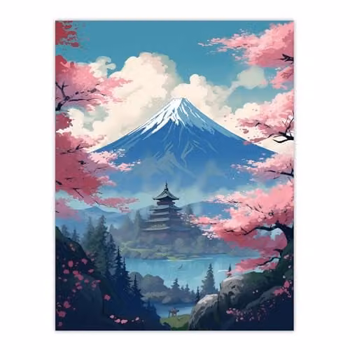 Artery8 Japanese Temple on Mount Fuji Lake Landscape Wall Art Print, Green, Blue and Pink Cherry Blossom Trees Paper Poster – 1