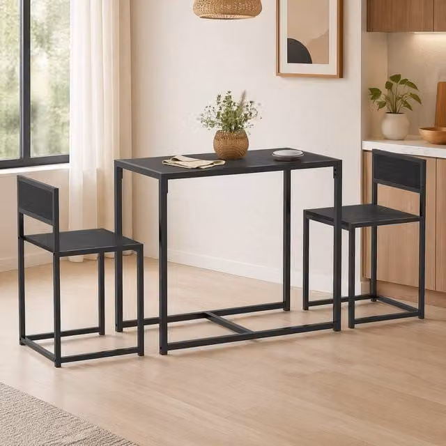 STILVORA Industrial Dining Table Set with 3 Chairs, Black and Brown Wood Finish with Steel Frame
