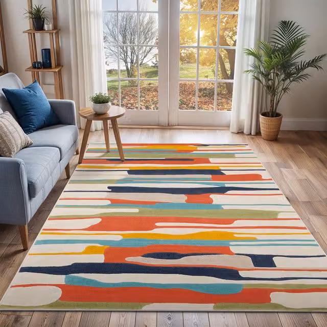 Livabliss Modern Wave Rectangular Rug in Multicolour Orange, Yellow and Grey, W: 160 cm, L: 220 cm – 1