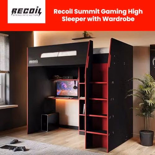 Flair Furnishings Recoil High Sleeper Gaming Bed with Storage, Desk and Stairs in Black and Red, W/D/H: 90 x 190 x 181 cm – 2