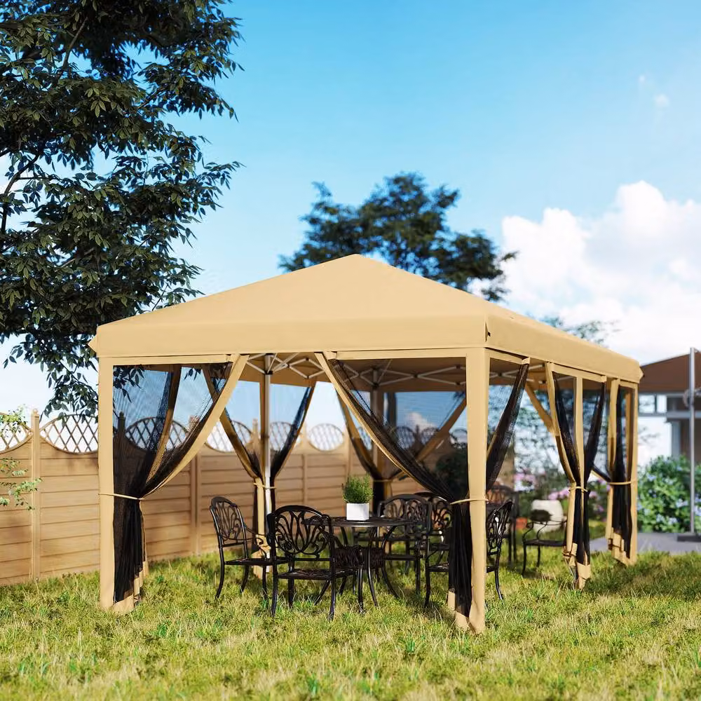 Rolipo Beige Pop Up Gazebo Party Tent with Mesh Walls and Steel Frame, W: 6 m, D: 3 m, H: 2.7 m – 4