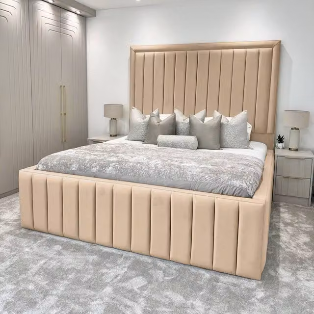 Living Comfort Bedz Hampton Upholstered Slatted Base Bed with 54-Inch Panel Headboard in Beige, Size: Super King (W/D/H: 200 x 200 cm)