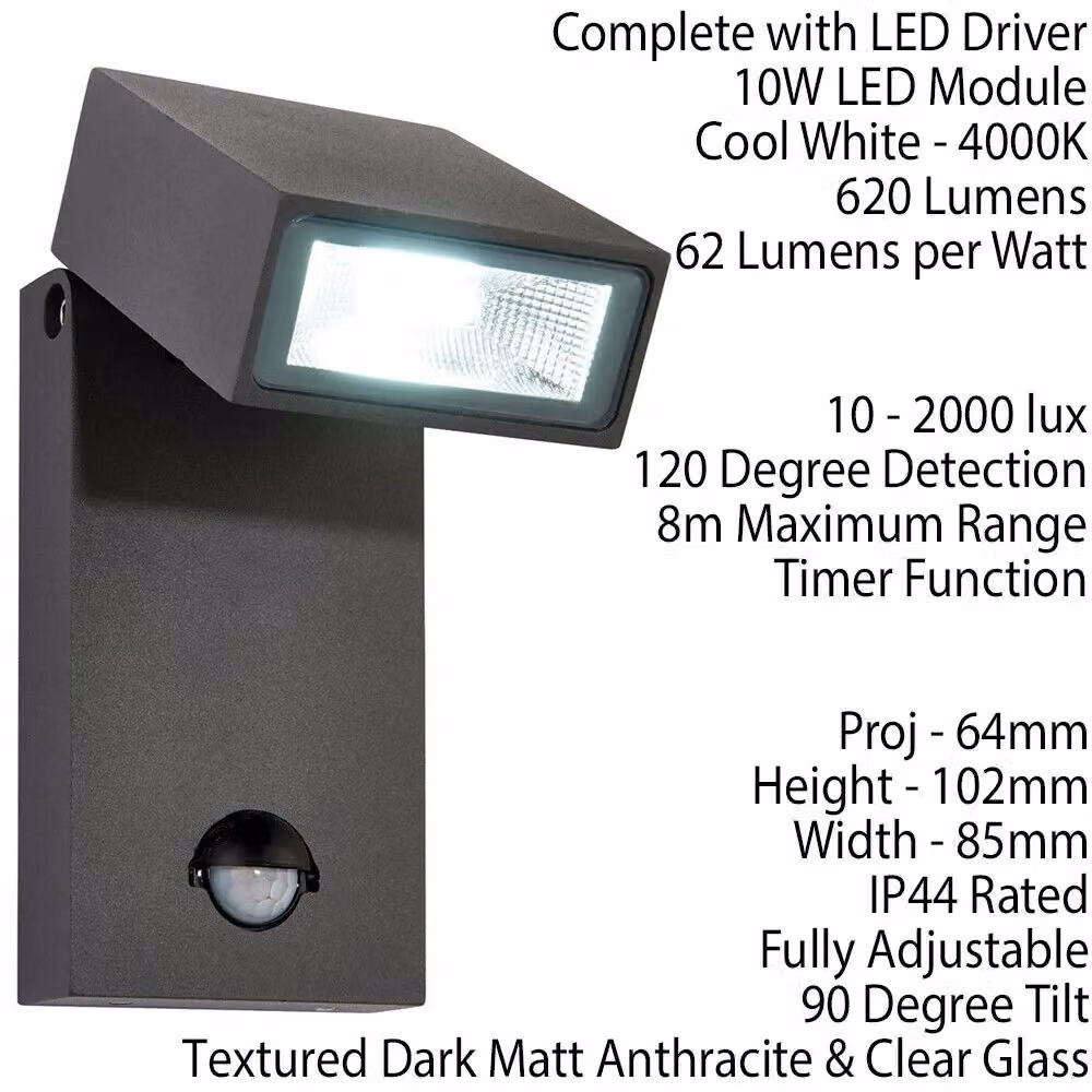 Loops Anthracite LED Outdoor Floodlight with PIR Motion Sensor and Photocell, IP44, 10W Cool White – 2