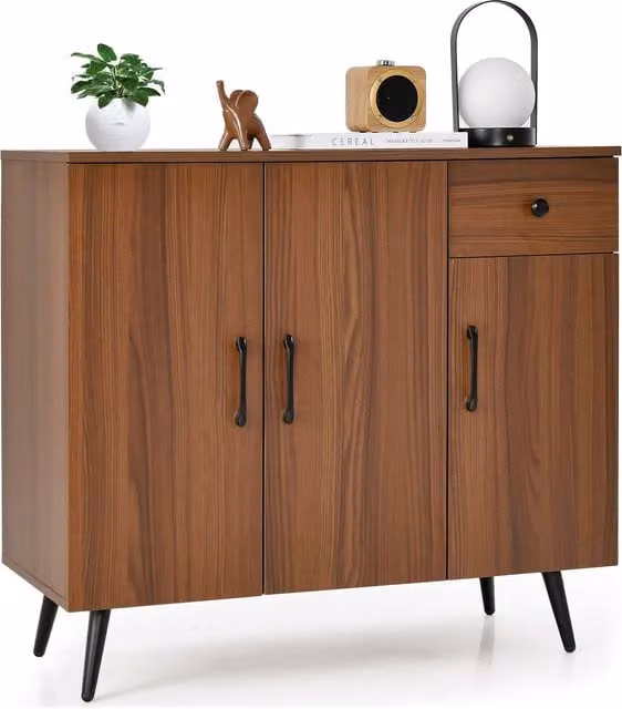 Gymax Mid-Century Brown Buffet Cabinet with 3 Doors, Pull-out Drawer and Adjustable Shelves – 1