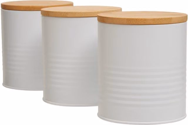 Orsina Set of Three Airtight Metal and Bamboo Kitchen Canisters in White and Grey