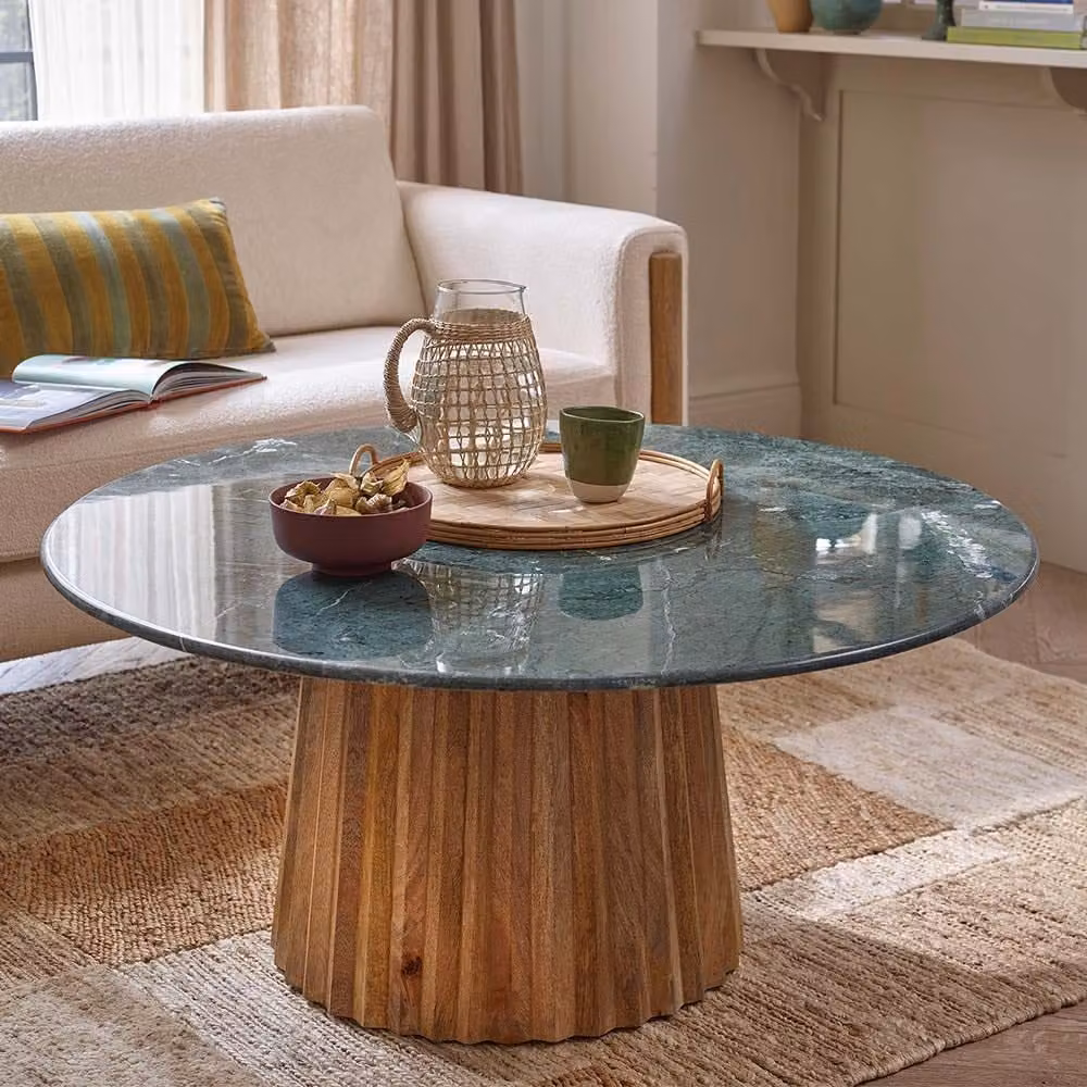 Atkin and Thyme Westbourne Round Marble and Mango Wood Coffee Table in Green and Brown