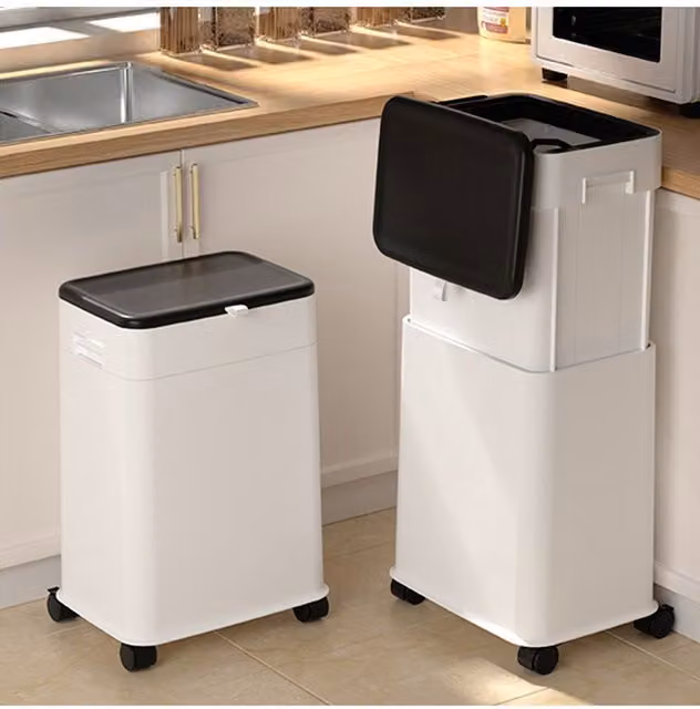 Living and Home 20L Height Adjustable White Plastic Dustbin with Wheels and Flip Lid