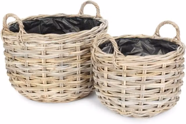 Round Brown and Beige Rattan Tabletop Planter with Plastic Lining, Diameter: 50 cm
