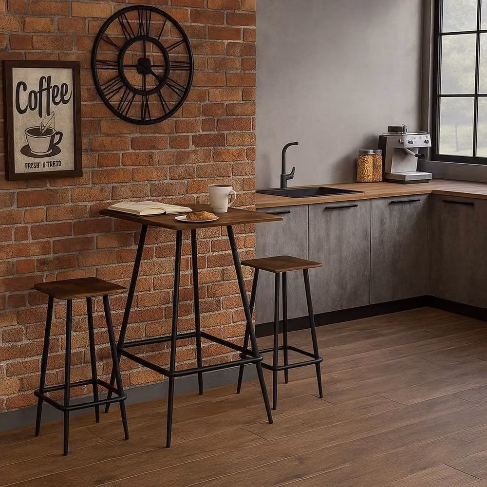 EONLION Rustic Brown Square Breakfast Bar Table and 2 Stools Set – 3