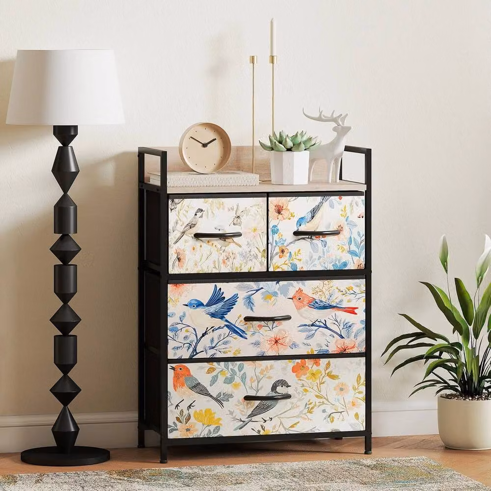VOGREX Multicolour Floral Fabric 4-Drawer Chest with Metal Frame – 2