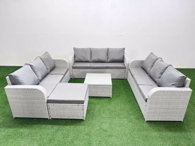 Fimous 10 Seater PE Rattan Garden Furniture Set in Light Grey with 3 Seater Sofa, Coffee Table and Ottoman