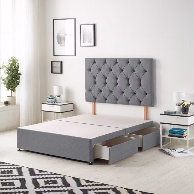 Somnior Beds Ltd Silver Velvet Upholstered Divan Bed Base with Drawers, W/D/H: 140 x 200 x 34.5 cm