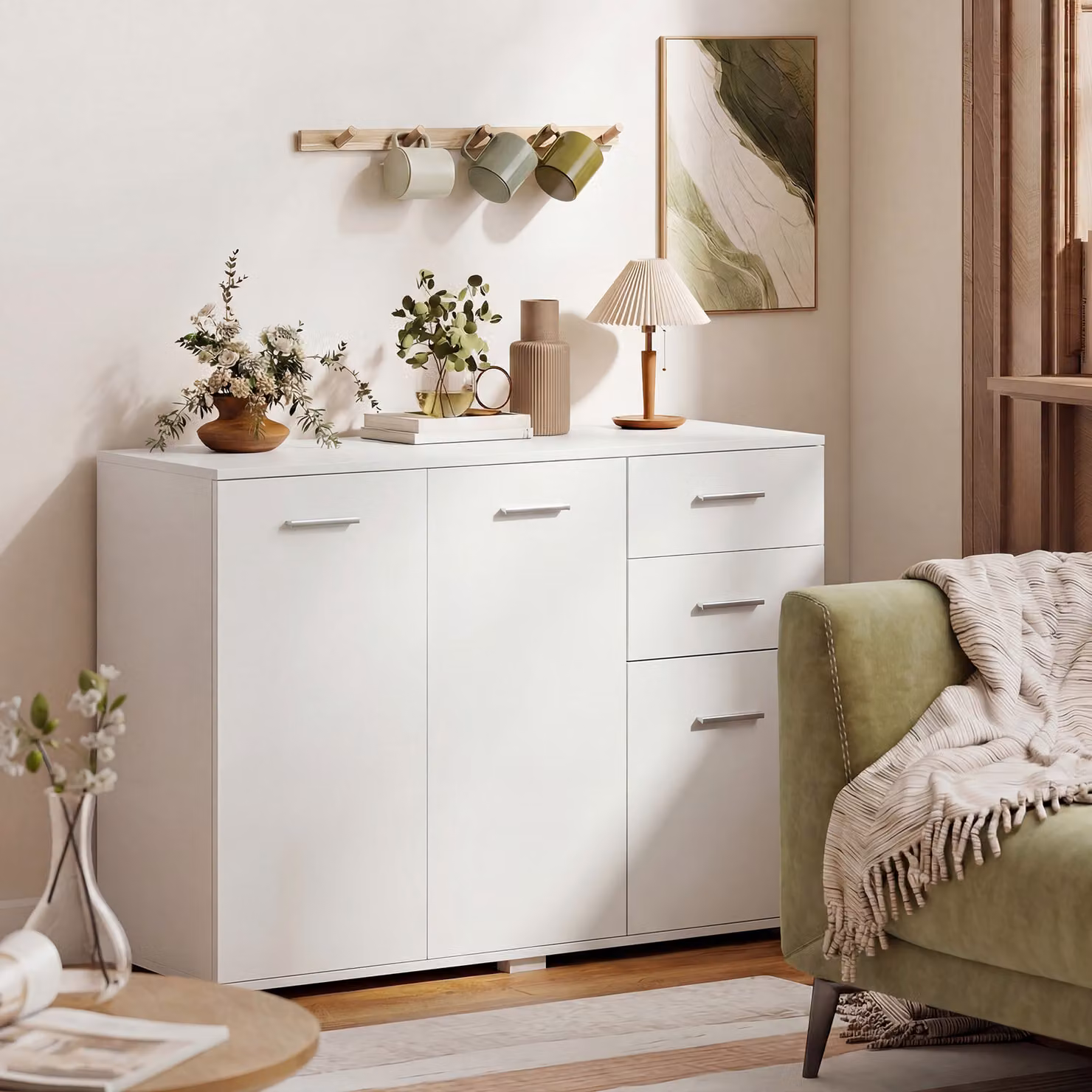 HOMCOM Modern White Sideboard Storage Cabinet with 2 Drawers, 3 Doors and Adjustable Shelves – 2
