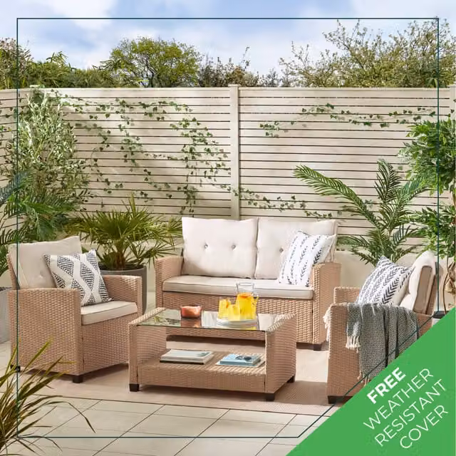 FurnitureboxUK Arizona 4 Seat Rattan Outdoor Sofa Set with 2 Seater Sofa, Lounge Armchairs, Coffee Table and Weather Resistant Cushions in Grey, Yellow and Beige