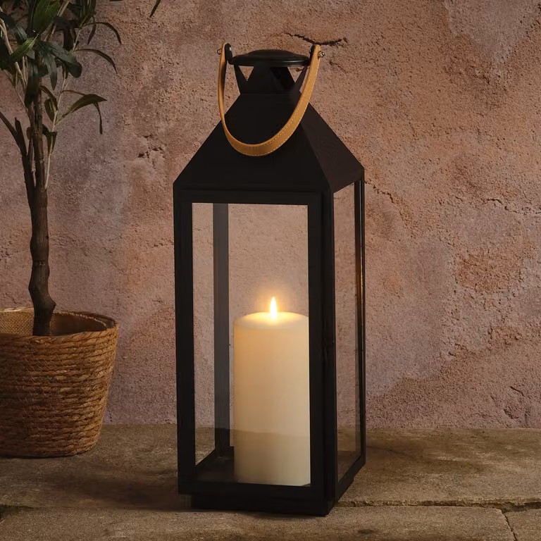 Brixham Large Leather Effect Handle Lantern with TruGlow Pillar Candle and Remote Control in Black, Beige or White