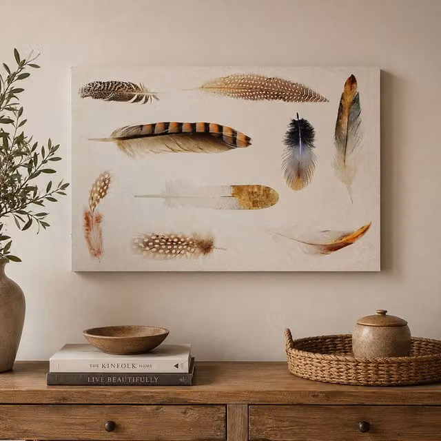 Orsina Feather Wooden Wall Plaque with Botanical Illustration in White and Brown – 3