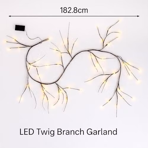 Marco Paul Rustic Birch Twig Garland with 48 Warm White LED Lights, 180 cm, Battery Operated – 2