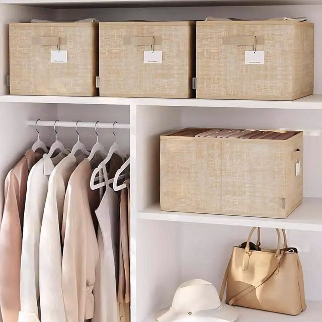 The Bazaarist Set of 3 Foldable Fabric Storage Boxes with Handles and Label Holders in Beige Sand – 1
