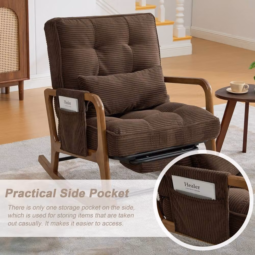 GOMYWAY Matteo Corduroy Rocking Chair in Brown with Solid Wood Frame and Multi-Position Glide – 5