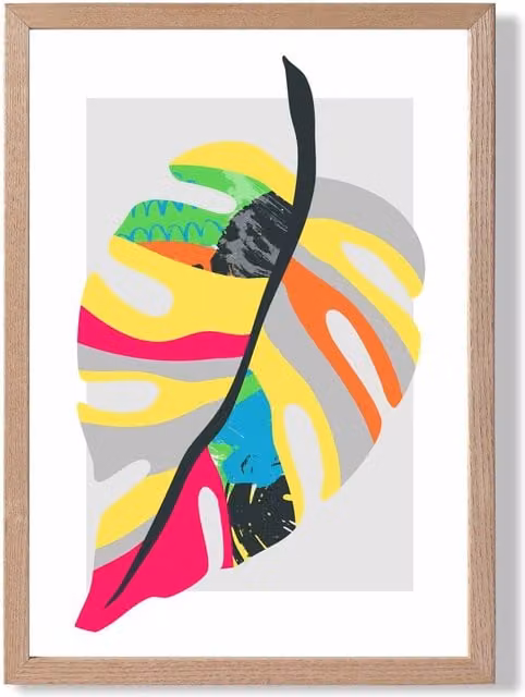 ARTZE Tropical Monstera Blue and Green Abstract Minimalist Framed Print with Oak Frame