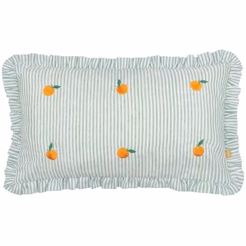 Les Fruites Embroidered Ruffle Polyester Filled Cushion, Orange and Blue, W: 50 cm, H: 30 cm, D: 1 cm