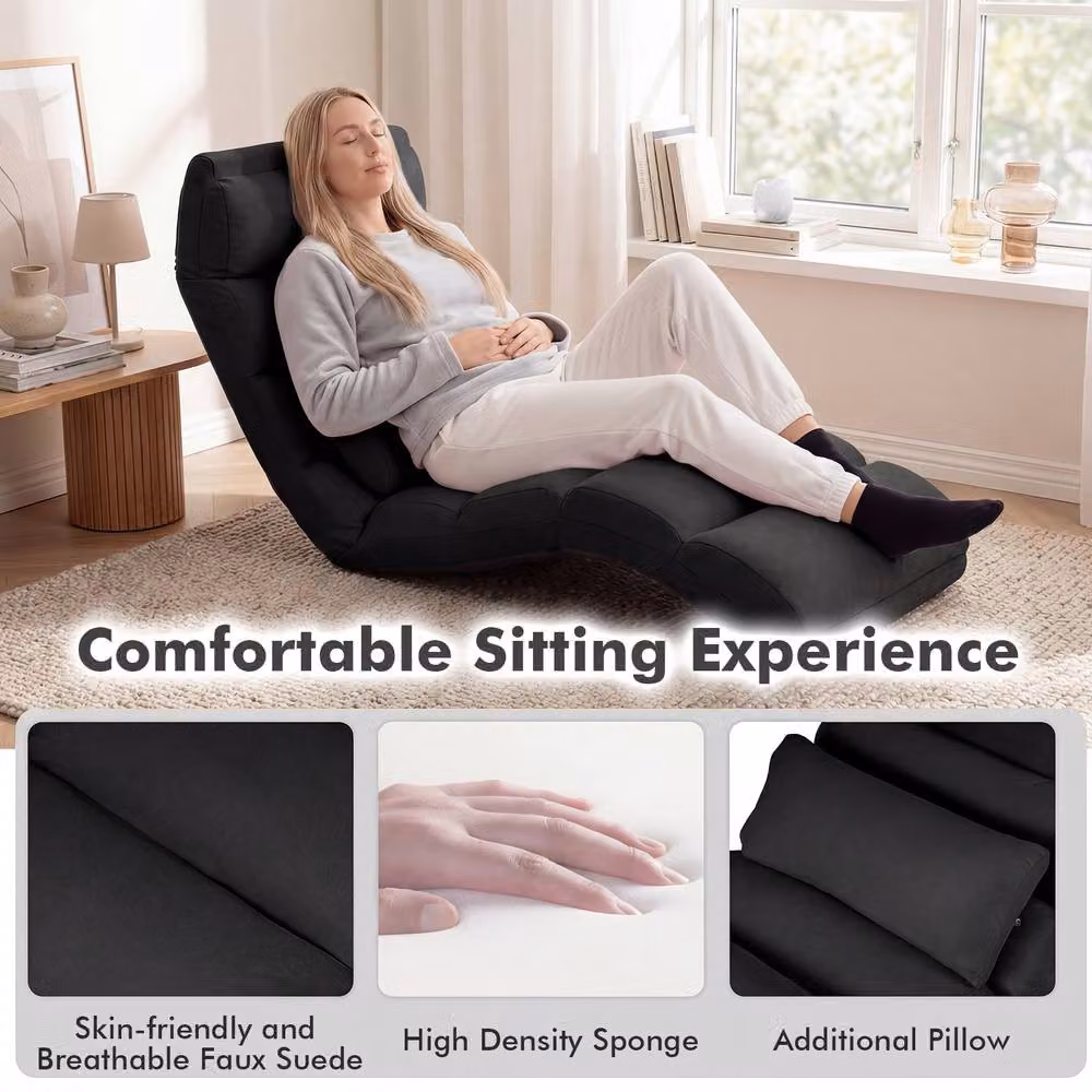 Gymax Black Microfibre Upholstered Floor Chaise Lounge with 5-Position Foldable Gaming Seat and Adjustable Headrest – 4