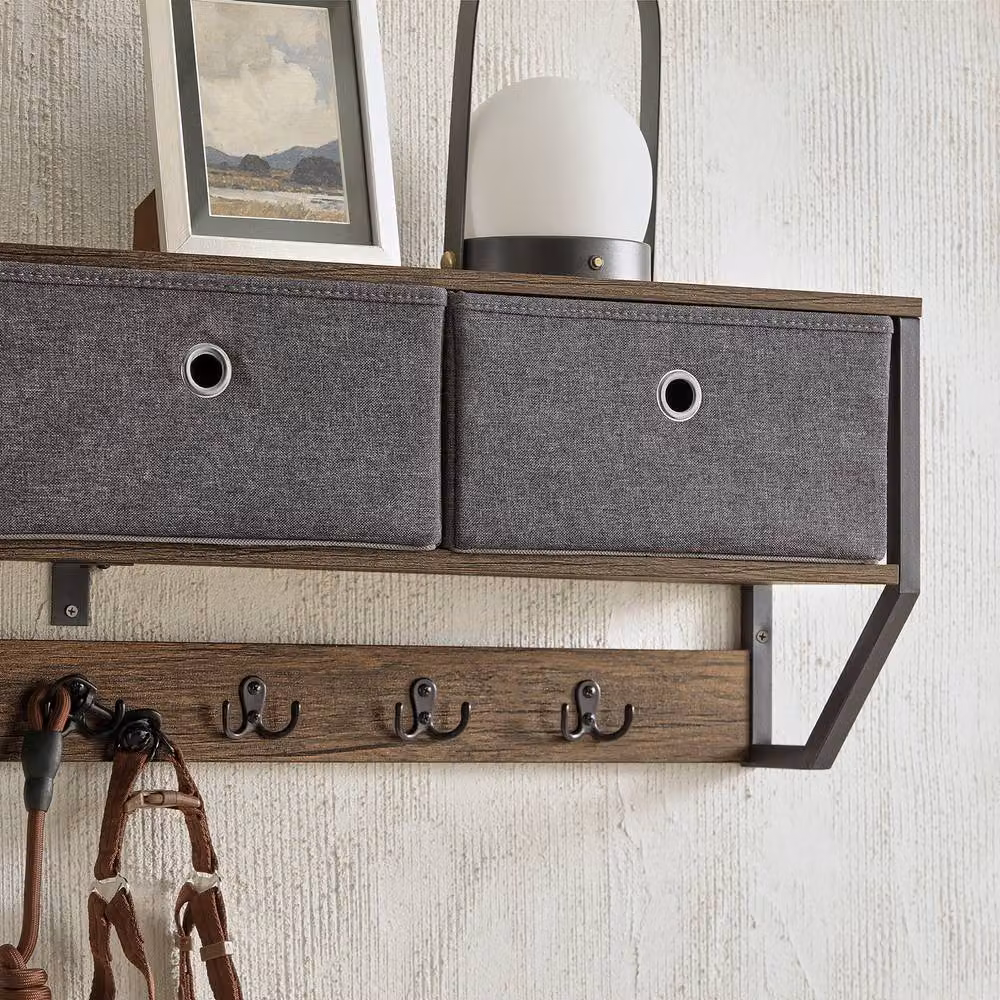 SoBuy Industrial Wall-Mounted Coat Rack with 7 Hooks and 3 Baskets in Dark Grey – 3