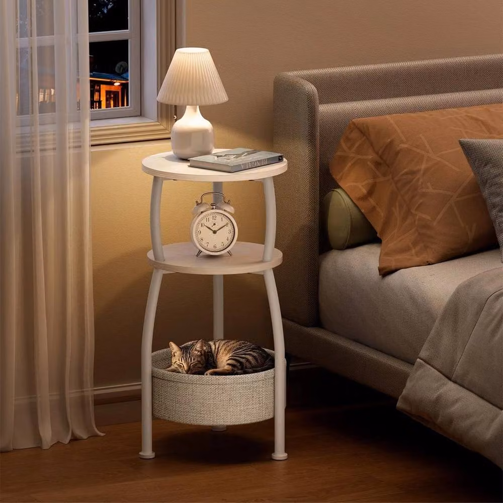 FORGEVIO 3 Tier Round Fabric Bedside End Table, White, W/D/H: 30 x 30 x 61 cm – 3