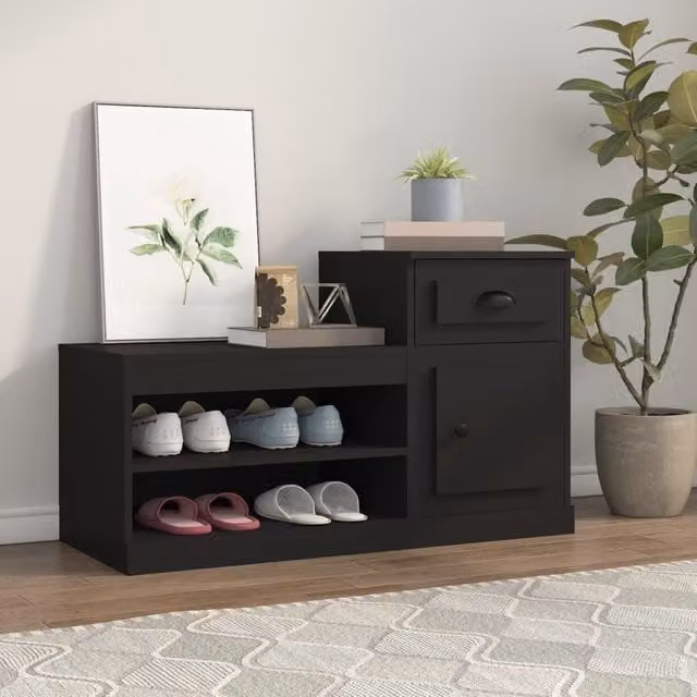 Berkfield Home Modern Black Shoe Cabinet with Hinged Doors and Open Shelves, W/D/H: 100 x 42 x 60 cm – 1