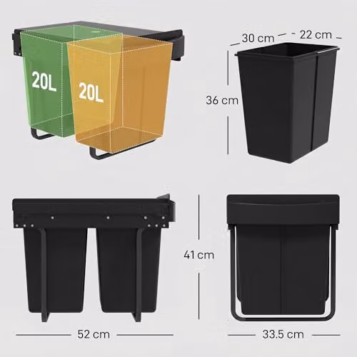 HOMCOM Black Pull Out Kitchen Under Sink Bin with Soft-Close Mechanism and Removable Inner Bucket, 40L – 3