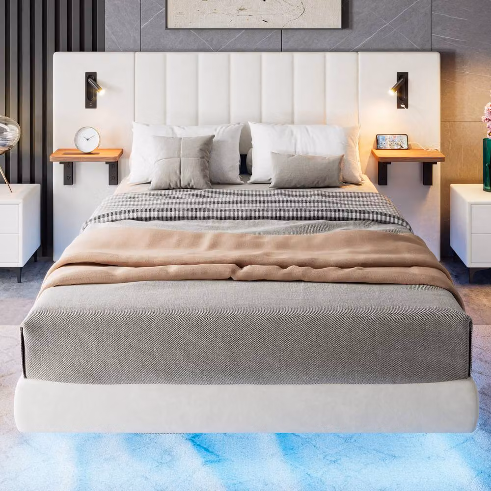 Merax Double Floating Bed Frame in White with Velvet Upholstery, LED Headboard, Reading Lights, USB Charging Port and Bedside Shelves, W/D/H: 190 x 135 x 103 cm – 3