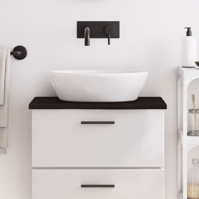 Berkfield Home Bathroom Countertop in Dark Brown Treated Solid Wood with Grey, W/D/H: 60 x 40 x 2 cm – 1