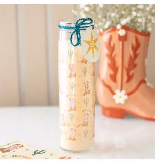 KDMD Howdy Cowboy Boot Print Floral Tube Pillar Candle in Peach