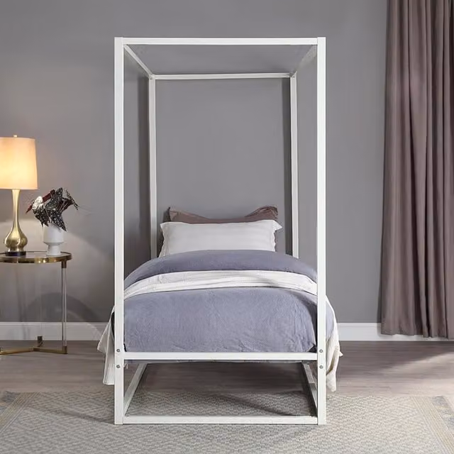 SlumberWorx Ashwell Modern Metal 4 Poster Canopy Bed Frame in White
