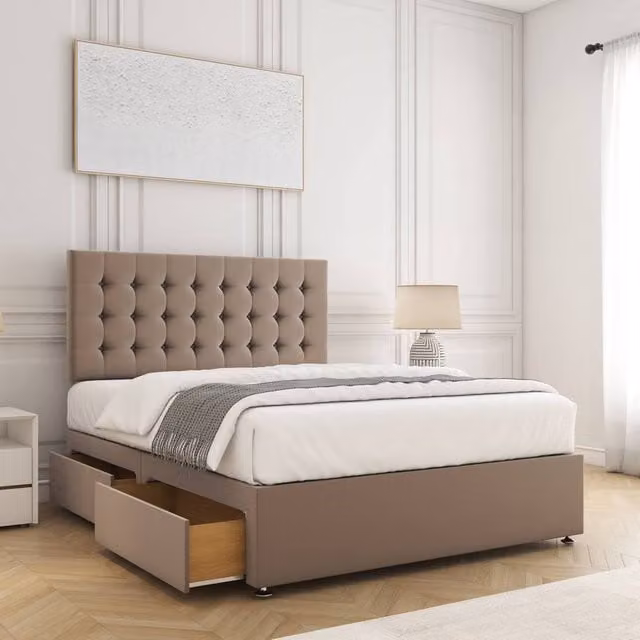 BSSPOKE Isla Plush Velvet Divan Bed with 24 inch Headboard, 2 Drawers, Footend and Mattress in Taupe, Size: Double (140 x 200 cm)